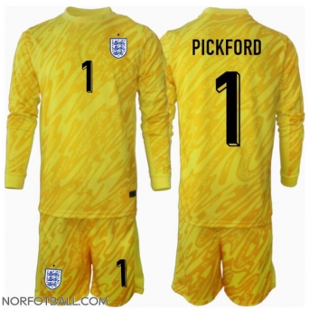 Billige Fotballdrakt England Jordan Pickford #1 Keeper Replika Bortedraktsett Barn EM 2024 Langermet (med bukser)